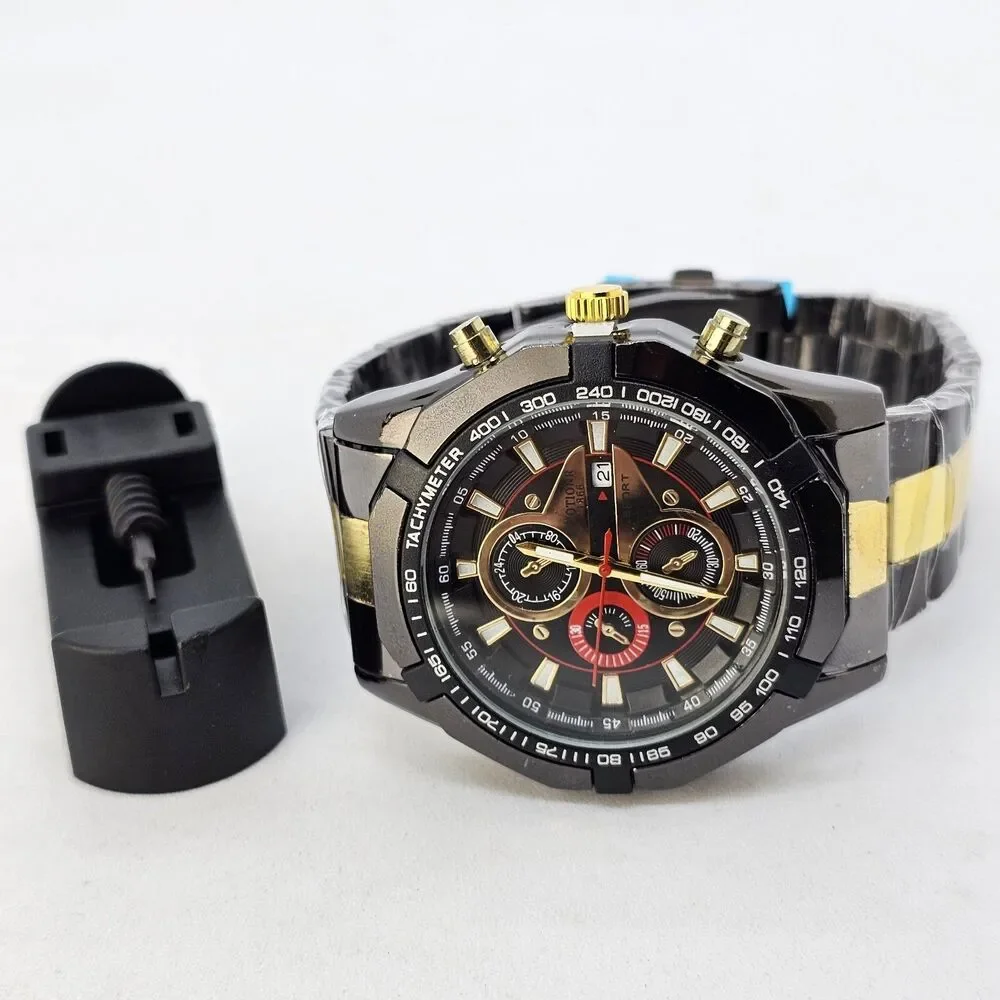 46MM Men's Watch Black Case Black Dial Date‎ Indicator Black Gold Bracelet 8